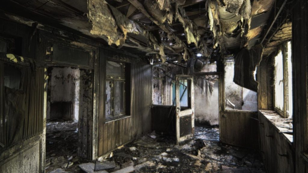A commercial building damaged by fire.