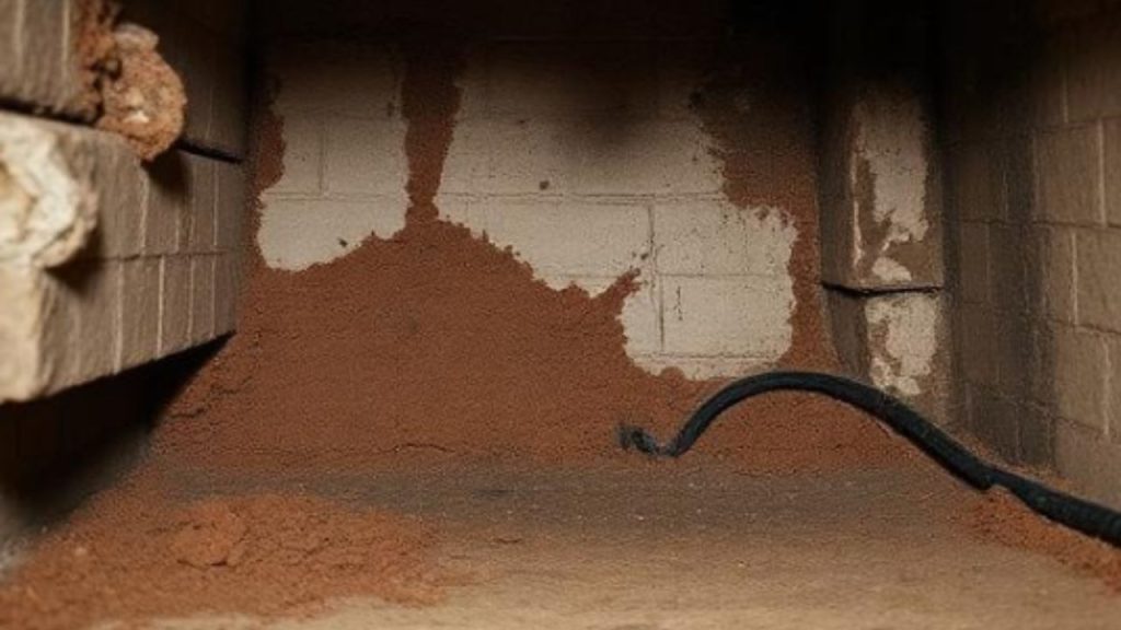 Crawl space with moisture damage and possible mold growth on foundation wall