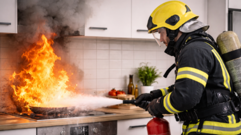 A fire professional extinguishing a kitchen fire.