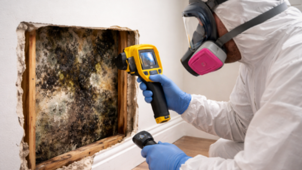 A professional assessing mold growth.
