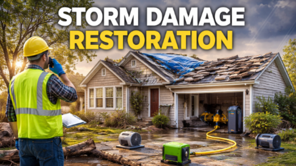 A storm damage professional looking at the damage
