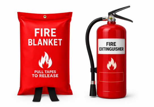An image of fire blanket and fire extinguisher
