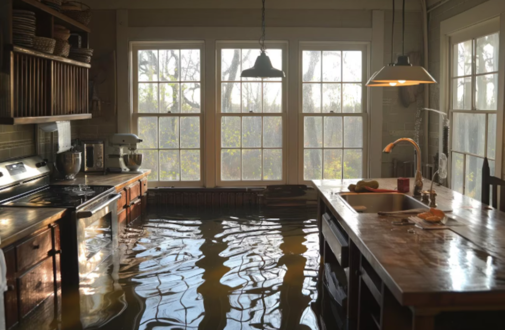 A kitchen interior flooded with water.