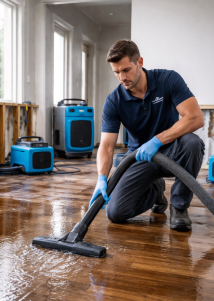 A professional restoring water damage in a home.
