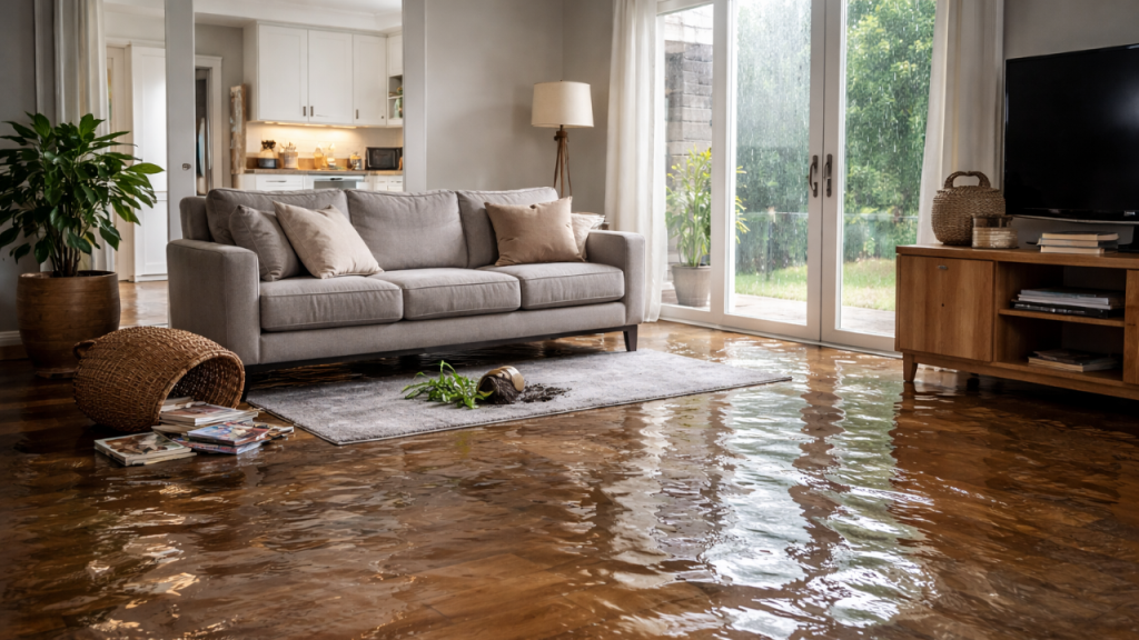 A room with a flooded floor.