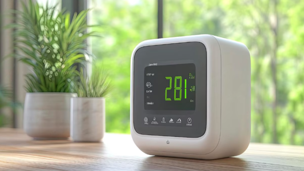 An air quality monitor kept on a wooden table.