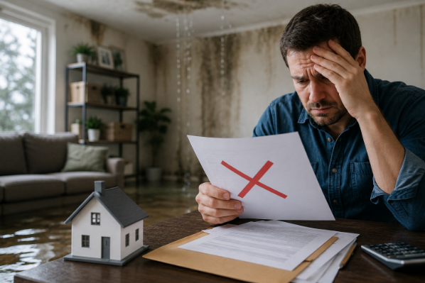  An image showing a homeowner’s frustration over a denied insurance claim.