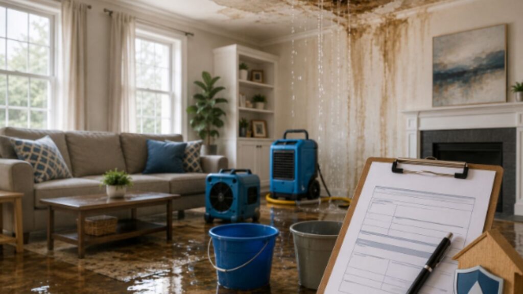 An image showing water damage in a house alongside an insurance claim.